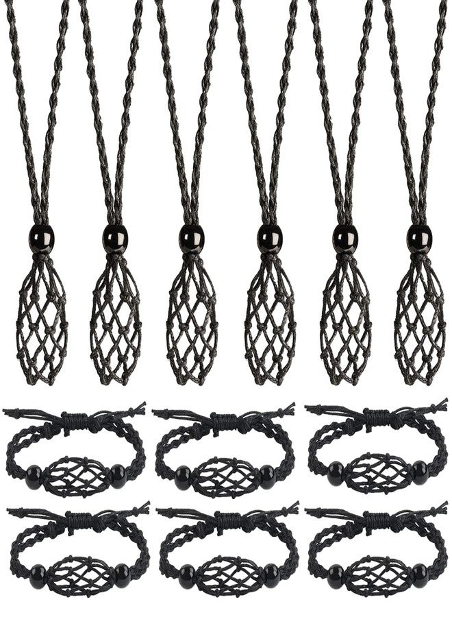 Anjiucc 12 PCS Cord Empty Stone Holder Hand-Woven Necklace Cord with Adjustable for Stone Necklace DIY Bracelet (Black) - Image 1